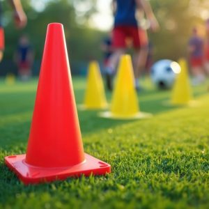 Red cone on green grass field for soccer training. Blurred child players practice drills with balls and cones in background. Active kids play sport, during sunny day.
