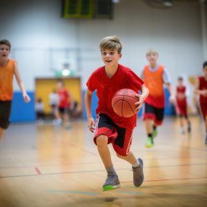 Young basketball players play with classic ball in sports hall. Basketball training for teenagers. school sports class